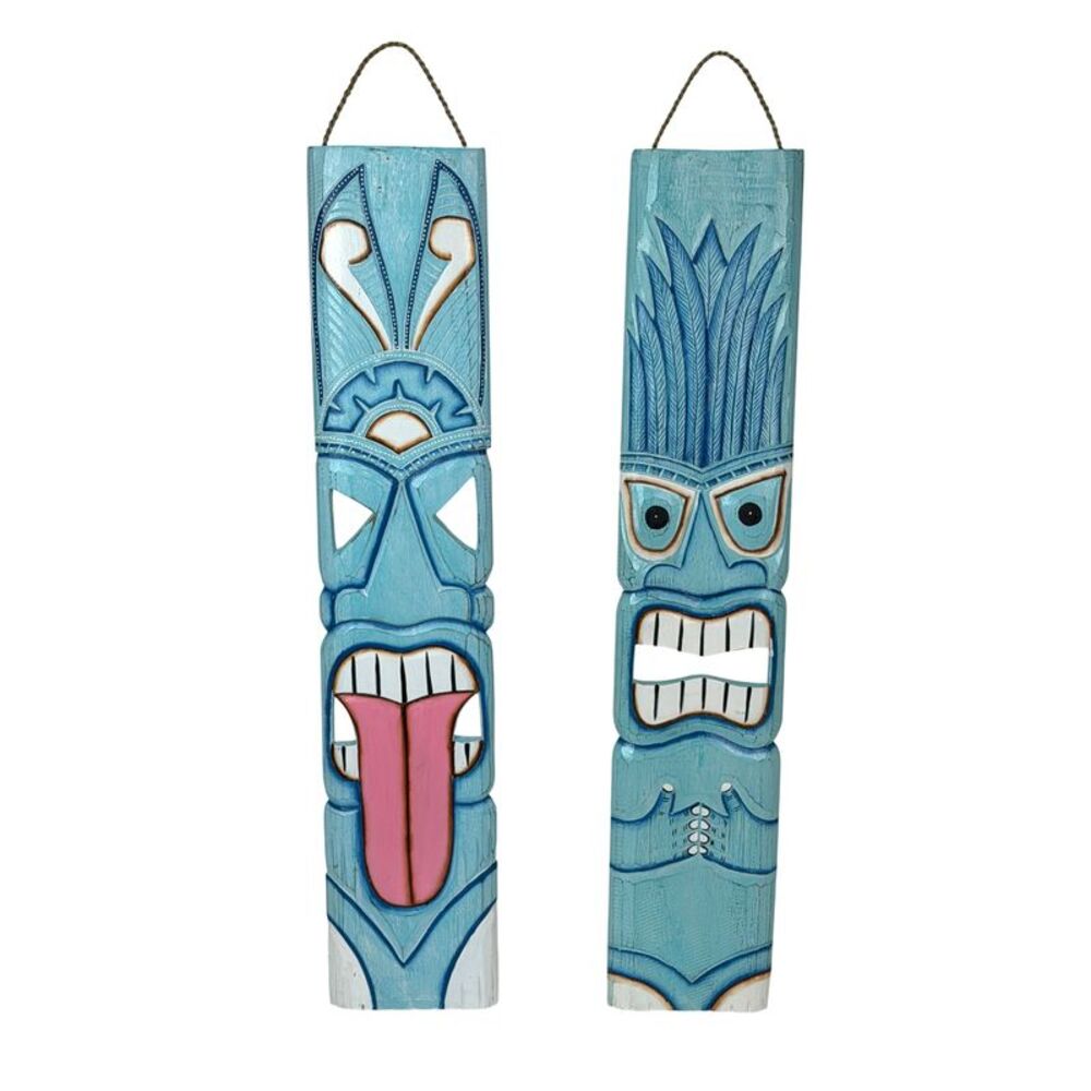 Set of 2 Aqua Tiki Wall Plaques Hand Carved Wood 39 Inch Tall Coastal Decor